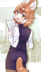 + +, 1girl, alternate costume, animal ears, blue skirt, blue vest, blush, commentary request, cowboy shot, dhole (kemono friends), dog ears, dog girl, dog tail, extra ears, eyebrows visible through hair, from behind, highres, holding, holding paper, kemono friends, light brown hair, long sleeves, looking at viewer, looking back, multicolored hair, office lady, open mouth, paper, pencil skirt, shirt, short hair, skirt, solo, suicchonsuisui, tail, two-tone hair, vest, white hair, white shirt