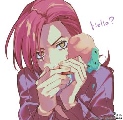 Rule 34 | 1boy, brown eyes, double scoop, english text, food, hands up, highres, holding, holding food, ice cream, ice cream cone, jojo no kimyou na bouken, long hair, long sleeves, looking at viewer, male focus, pink hair, purple shirt, shirt, signature, simple background, sofra, solo, twitter username, upper body, v-shaped eyebrows, vento aureo, vinegar doppio, white background