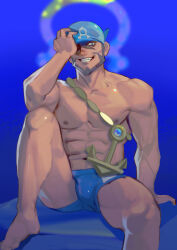 Rule 34 | 1boy, abs, absurdres, anchor necklace, archie (pokemon), bandana, bara, beard, black eyes, blue bandana, blue male swimwear, brown hair, bulge, creatures (company), dark-skinned male, dark skin, facial hair, feet out of frame, game freak, grin, hand over eye, highres, jewelry, kevin krypton, knee up, large pectorals, looking at viewer, male focus, male swimwear, muscular, muscular male, necklace, nintendo, nipples, pectorals, pokemon, pokemon oras, short hair, sitting, smile, solo, stomach, swim briefs, thighs, topless male