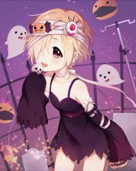 Rule 34 | 1girl, :d, bandaged arm, bandaged head, bandages, bare shoulders, blonde hair, blush, bow, breasts, choker, collarbone, commentary request, detached sleeves, dress, fence, ghost, hair ornament, hair over one eye, highres, idolmaster, idolmaster cinderella girls, jack-o&#039;-lantern, jack-o&#039;-lantern hair ornament, leafwow, leaning forward, long sleeves, looking at viewer, open mouth, purple dress, purple eyes, purple sleeves, round teeth, shirasaka koume, short hair, sleeveless, sleeveless dress, sleeves past fingers, sleeves past wrists, small breasts, smile, solo, standing, teeth, tombstone, upper teeth only, white bow, white choker, wide sleeves
