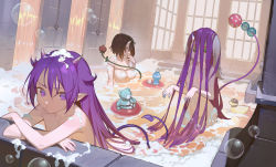 Rule 34 | 3girls, absurdly long hair, bath, bathing, black hair, breasts, brown hair, bubble, censored, censored nipples, closed mouth, commentary, convenient censoring, demon girl, demon horns, english commentary, green eyes, green nails, grey hair, hair between eyes, highres, horns, indoors, innertube, long hair, looking at viewer, medium breasts, multicolored hair, multiple girls, nail polish, nude, original, parted lips, partially submerged, pointy ears, purple eyes, purple hair, rubber duck, short hair, single horn, small breasts, smile, soap bubbles, soap censor, streaked hair, stuffed animal, stuffed toy, swim ring, teddy bear, timbougami, v-shaped eyebrows, very long hair, water, window