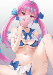 Rule 34 | 1girl, ahoge, armpit crease, bare shoulders, bikini, bikini skirt, blue bikini, blue hair, blue nails, blue sailor collar, blush, breasts, cameltoe, cleavage, collarbone, feet out of frame, hand on own leg, hand up, holding, holding phone, hololive, knee up, large breasts, long bangs, long hair, looking at viewer, low twintails, mask, minato aqua, mouth mask, multicolored hair, nail polish, navel, nikoo, phone, pink eyes, pink hair, sailor collar, selfie, solo, stomach, streaked hair, string bikini, swimsuit, taking picture, thick thighs, thighs, twintails, very long hair, virtual youtuber, white mask