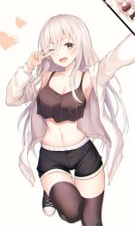 Rule 34 | 1girl, ;d, absurdres, arm up, armpits, bare shoulders, black eyes, black shirt, black shorts, black thighhighs, breasts, camisole, cleavage, collarbone, crop top, crop top overhang, fang, hand up, heart, highres, holding, holding phone, jacket, large breasts, leg up, long hair, long sleeves, midriff, muyang, navel, off shoulder, one eye closed, open clothes, open jacket, open mouth, original, outstretched arm, phone, revealing clothes, selfie, shirt, shoes, short shorts, shorts, sleeveless, sleeveless shirt, smile, sneakers, solo, spaghetti strap, stomach, thighhighs, thighs, v, very long hair, white hair, white jacket