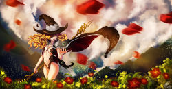 Rule 34 | 1girl, artist name, blonde hair, blue sky, breasts, cleavage, cloud, dated, field, flower, flower field, green eyes, gungnir (toaru), hat, highres, holding, holding polearm, holding spear, holding weapon, long hair, medium breasts, mountain, navel, othinus, petals, polearm, shingcs, sky, solo, spear, thighs, toaru majutsu no index, toaru majutsu no index: new testament, weapon, witch hat