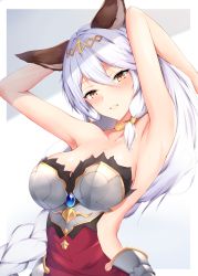 Rule 34 | 1girl, animal ears, armor, armored dress, armpits, arms up, blush, braid, breasts, brown eyes, cleavage, dress, erune, granblue fantasy, grin, hair between eyes, hair intakes, hair ornament, hair tubes, hairband, heles, highres, large breasts, long hair, looking at viewer, outside border, parted lips, ranju aira, short dress, silver hair, simple background, single braid, smile, solo, upper body, very long hair, white dress, yellow eyes
