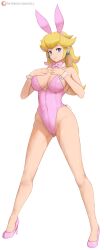 Rule 34 | 1girl, absurdres, alternate costume, animal ears, bare legs, bare shoulders, blonde hair, blue eyes, bow, breasts, cameltoe, commentary, covered navel, detached collar, earrings, english commentary, fake animal ears, fake tail, gluteal fold, high heels, highleg, highleg leotard, highres, jewelry, leotard, long hair, looking at viewer, mario (series), medium breasts, nintendo, pink leotard, playboy bunny, princess peach, rabbit ears, rabbit tail, simple background, smile, solo, sphere earrings, strapless, strapless leotard, super smash bros., tail, white background, wrist cuffs, zelc-face