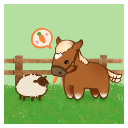 Rule 34 | animal, animal focus, artusagi, border, carrot, chibi, commentary, eating, grass, green background, heart, horse, looking at another, no humans, outdoors, railing, real life, sheep, simple background, speech bubble, taiki shuttle (racehorse), taiki shuttle (umamusume), tail, tail wagging, umamusume, white border, wooden railing
