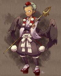 Rule 34 | 1boy, black gloves, black pants, black wings, closed mouth, crossed arms, domon asuka, full body, geta, gloves, grey background, grey hair, hat, inazuma eleven, inazuma eleven (series), kotorai, looking to the side, male focus, pants, pointy ears, pom pom (clothes), red hat, short hair, signature, smile, socks, solo, staff, standing, tengu, tengu-geta, tokin hat, white socks, wide sleeves, wings
