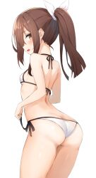 Rule 34 | 1girl, ass, bikini, breasts, brown eyes, brown hair, butt crack, cowboy shot, from behind, highres, kantai collection, looking at viewer, ponytail, side-tie bikini bottom, simple background, small breasts, solo, swimsuit, white background, white bikini, zarashi, zuihou (kancolle)