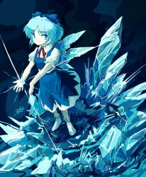 Rule 34 | 1girl, absurdres, blue bow, blue dress, blue eyes, blue hair, blue headwear, bow, cirno, doggo 1d34, dress, fairy, frozen, hair bow, highres, ice, ice wings, solo, touhou, twitter username, white footwear, wings