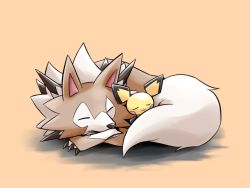 Rule 34 | ayo (ayosanri009), claws, closed mouth, commentary request, creatures (company), closed eyes, game freak, gen 2 pokemon, gen 7 pokemon, lycanroc, lycanroc (midday), nintendo, no humans, pichu, pokemon, pokemon (creature), sleeping, smile, white fur