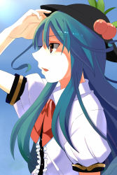 Rule 34 | 1girl, blue hair, food, fruit, hand over eye, hat, highres, hinanawi tenshi, long hair, nurupo (abooon), open mouth, parted lips, peach, puffy sleeves, red eyes, solo, touhou