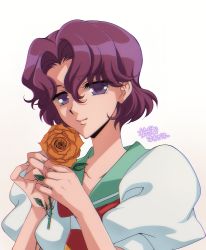 Rule 34 | 1990s (style), 1girl, absurdres, anime coloring, aqua sailor collar, flower, gradient background, half-closed eyes, highres, holding, holding flower, jogio381ooo, light smile, looking at viewer, official style, ootori gakuen school uniform, orange flower, orange rose, parted bangs, puffy short sleeves, puffy sleeves, purple eyes, purple hair, retro artstyle, rose, sailor collar, school uniform, serafuku, short hair, short sleeves, shoujo kakumei utena, simple background, solo, takatsuki shiori, upper body