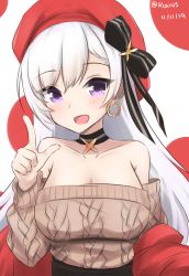 Rule 34 | 1girl, :d, aran sweater, azur lane, belfast (azur lane), belfast (shopping with the head maid) (azur lane), black bow, black choker, blush, bow, breasts, brown sweater, cable knit, choker, cleavage, dated, earrings, hair bow, hat, highres, hoop earrings, index finger raised, jewelry, klaius, large breasts, long hair, looking at viewer, off-shoulder sweater, off shoulder, official alternate costume, open mouth, purple eyes, red hat, smile, solo, sweater, twitter username, upper body, white hair