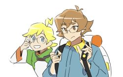 Rule 34 | 1boy, 1girl, ahoge, antenna hair, backpack, bad id, bad twitter id, bag, blonde hair, blue eyes, brown eyes, brown hair, clemont (pokemon), clemont (pokemon) (cosplay), cosplay, costume switch, creatures (company), crossover, dawhee (ntmyori), flipped hair, game freak, glasses, hyakujuu-ou golion, jumpsuit, looking at another, looking down, nintendo, pidge gundarsson, pidge gundarsson (cosplay), pidge gunderson, pidge gunderson (cosplay), pokemon, pokemon xy, reverse trap, short hair, simple background, smile, trait connection, voltron: legendary defender, voltron (series), white background