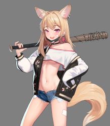 Rule 34 | 1girl, :d, ahoge, animal ears, bandaid, bandaid on face, bandaid on leg, barbed wire, bare shoulders, baseball bat, black choker, black jacket, blonde hair, blush, breasts, choker, collar, collarbone, cowboy shot, crop top, crop top overhang, cutoffs, denim, denim shorts, earrings, exposed pocket, extra ears, fox ears, fox girl, fox tail, gluteal fold, grey background, highres, holding, holding weapon, jacket, jewelry, long hair, long sleeves, looking at viewer, mask, mask pull, micro shorts, midriff, mouth mask, nail polish, navel, off-shoulder shirt, off shoulder, open clothes, open fly, open jacket, open mouth, open shorts, original, purple eyes, red nails, sbbs, second-party source, shirt, short shorts, shorts, simple background, single bare shoulder, sleeves past fingers, sleeves past wrists, small breasts, smile, solo, stomach, tail, teeth, thighs, underboob, upper teeth only, weapon, white shirt