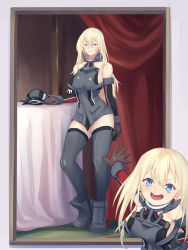 Rule 34 | 1girl, anchor, armor, bare shoulders, bismarck (kancolle), blonde hair, blue eyes, blush, breastplate, breasts, brown gloves, commentary request, commission, curtains, detached sleeves, elbow gloves, full body, gloves, grey thighhighs, hair between eyes, hat, unworn hat, unworn headwear, highres, kantai collection, large breasts, long hair, looking at viewer, military, military hat, military uniform, open mouth, painting (object), peaked cap, picture frame, portrait (object), round teeth, shingyou (alexander-13), sleeveless, solo, standing, table, teeth, thighhighs, uniform, upper body, upper teeth only
