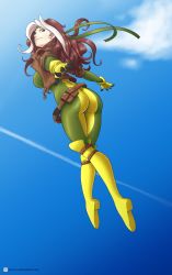 Rule 34 | 10s, 1girl, ass, belt, bodysuit, boots, breasts, brown hair, cropped jacket, flying, from behind, gloves, green eyes, headband, highres, kawa-v, knee boots, large breasts, long hair, looking back, marvel, multicolored hair, rogue (x-men), sideboob, skin tight, sky, smile, solo, white hair, x-men