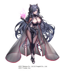 Rule 34 | 1girl, august von parseval (azur lane), azur lane, black hair, breasts, cape, cleavage, covered navel, floating hair, grey eyes, grey hair, hair over one eye, hand up, hands up, horns, komeshiro kasu, large breasts, looking at viewer, official art, parted lips, see-through cape, simple background, solo, standing, white background