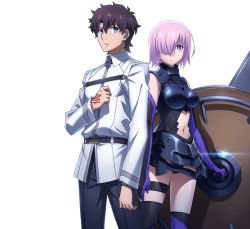 Rule 34 | 1boy, 1girl, bare shoulders, blue eyes, breasts, brown hair, elbow gloves, fate/grand order, fate/grand order: first order, fate (series), fujimaru ritsuka (male), gloves, gotou keisuke, hair over one eye, mash kyrielight, navel, official art, open mouth, purple eyes, purple hair, shield, short hair, thighhighs, transparent background