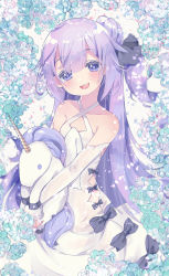 Rule 34 | 1girl, :d, ahoge, azur lane, blurry, clothing cutout, commentary request, depth of field, detached sleeves, hugging doll, dress, floral background, flower, hair between eyes, hair bun, halterneck, head tilt, highres, long hair, looking at viewer, hugging object, one side up, open mouth, pikomarie, purple eyes, purple hair, rose, side cutout, single hair bun, single side bun, smile, solo, stuffed unicorn, stuffed winged unicorn, teeth, unicorn (azur lane), upper teeth only, very long hair, white background, white dress