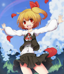 Rule 34 | 1girl, ahoge, ascot, bad id, bad pixiv id, blonde hair, bow, cross, embodiment of scarlet devil, fang, female focus, hair bow, jewelry, outstretched arms, pendant, red eyes, rumia, side ponytail, skirt, solo, spread arms, sumisu (mondo), touhou