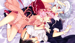 Rule 34 | 2girls, alternate costume, apron, bandaged hand, bare shoulders, black socks, blue skirt, blue vest, braid, collarbone, commentary request, detached sleeves, dress, garter straps, gradient background, grin, hair spread out, hand on own forehead, hat, hat ribbon, izayoi sakuya, kneehighs, looking up, lying, lying on person, maid headdress, manyako (mohumohu), medium hair, mob cap, multiple girls, no wings, off-shoulder dress, off shoulder, on back, on side, one eye closed, parted lips, pink dress, pink hair, pink headwear, puffy short sleeves, puffy sleeves, purple background, red eyes, red footwear, remilia scarlet, ribbon, short hair, short sleeves, skirt, smile, socks, thighhighs, touhou, twin braids, vest, waist apron, white legwear, wrist cuffs, wrist ribbon
