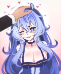 Rule 34 | 1girl, animal ears, blue choker, blue hair, blurry, breasts, choker, cleavage, collarbone, crossed bangs, emerazu (artist), eyelashes, hand on another&#039;s head, heart, highres, indie virtual youtuber, large breasts, long hair, manta ray girl, motion lines, multicolored hair, one eye closed, parted lips, rei stingray, smile, solo, two-tone hair, upper body, virtual youtuber