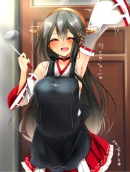 Rule 34 | 10s, 1girl, ^ ^, anchor symbol, apron, arm up, armpits, bare shoulders, black hair, blush, breasts, brown hair, closed eyes, detached sleeves, door, closed eyes, facing viewer, female focus, hair ornament, hairband, hairclip, happy, haruna (kancolle), headgear, highres, kantai collection, ladle, large breasts, long hair, nontraditional miko, open mouth, ribbon-trimmed sleeves, ribbon trim, skirt, smile, solo, translation request, tsukui kachou, upper body, waving