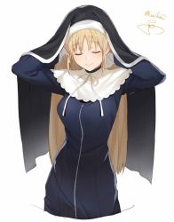 Rule 34 | 1girl, adjusting hair, arms behind head, blush, closed eyes, cropped legs, highres, isshiki (ffmania7), long hair, nijisanji, nun, sister claire, sister claire (1st costume), smile, solo, traditional nun, twitter username, very long hair, virtual youtuber, white background