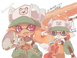 Rule 34 | 2girls, :&gt;, arrow (symbol), artist name, asymmetrical hair, baseball cap, blue eyes, blush, closed mouth, dynamo roller (splatoon), elbow gloves, empty eyes, fangs, female focus, flat chest, gloves, green gloves, green headwear, hand up, hands up, happy, hat, heart, holding, holding weapon, inkling, inkling girl, inkling player character, japanese text, long hair, looking at viewer, multiple girls, nintendo, open mouth, orange hair, orange overalls, outline, overalls, pointy ears, red eyes, salmon run (splatoon), shira (sirairo116), shirt, short hair, sidelocks, signature, smile, splatoon (series), splatoon 2, sploosh-o-matic (splatoon), standing, suction cups, tentacle hair, tentacles, translation request, twitter username, two-handed, upper body, weapon, white outline, white shirt