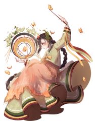 Rule 34 | 1girl, braid, brown eyes, brown hair, bug, butterfly, dress, eyeliner, facing to the side, food fantasy, full body, hair ornament, highres, insect, kimchi (food fantasy), long hair, marking on cheek, official art, red eyeliner, second-party source, solo, transparent background, very long hair