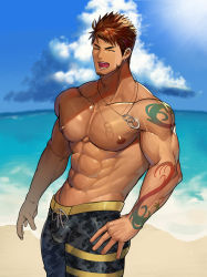 Rule 34 | 1boy, abs, arm tattoo, bara, beach, biceps, black male swimwear, black swim trunks, brown hair, closed eyes, cloud, cloudy sky, drawstring, ear piercing, earrings, facial hair, jewelry, large pectorals, looking at viewer, male focus, male swimwear, manly, mature male, muscular, muscular male, navel, necklace, nipples, ocean, open mouth, original, outdoors, pectorals, piercing, short hair, shoulder tattoo, sky, solo, spiked hair, stubble, sun, sunlight, swim trunks, swimsuit, tattoo, teeth, thick arms, toirotto, tongue, topless male, veins, veiny arms