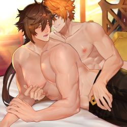 Rule 34 | 2boys, alternate pectoral size, blue eyes, blush, brown hair, collarbone, drooling, fangs, fingernails, genshin impact, grabbing, hair between eyes, hand on another&#039;s crotch, long hair, looking at another, male focus, multiple boys, muscular, muscular male, nipples, open mouth, orange hair, paid reward available, pectoral grab, pectorals, ponytail, saliva, short hair, smile, tartaglia (genshin impact), topless male, yellow eyes, zhineart, zhongli (genshin impact)
