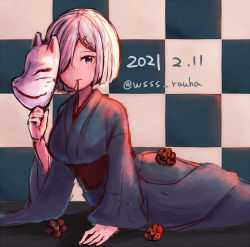 Rule 34 | 1girl, blue eyes, checkered background, dated, flower, fox mask, grey kimono, hair over one eye, hamakaze (kancolle), japanese clothes, kantai collection, kimono, lying, mask, mouth hold, on stomach, short hair, silver hair, solo, twitter username, wss (nicoseiga19993411)