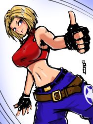 Rule 34 | 1girl, belt, blonde hair, blue eyes, blue mary, breasts, fingerless gloves, gloves, highres, large breasts, midriff, navel, snk, solo, the king of fighters