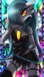 Rule 34 | 1girl, :3, alternate color, bare shoulders, black dress, black gloves, blue hair, boots, breasts, choker, creatures (company), dress, elbow gloves, female focus, fingerless gloves, fishnet gloves, fishnets, game freak, gardevoir, gen 3 pokemon, gloves, goth fashion, hair over one eye, long hair, looking at viewer, medium breasts, nintendo, no humans, orange eyes, pokemon, pokemon (creature), rilex lenov, shiny pokemon, sleeveless, sleeveless dress, smile, solo, standing, thigh boots, thighhighs, torn clothes