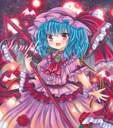 Rule 34 | 1girl, ascot, back bow, blush, bow, brooch, center frills, cowboy shot, dark background, fang, flower, frilled bow, frilled ribbon, frilled shirt collar, frills, green brooch, hair between eyes, hat, hat ribbon, holding, holding polearm, holding weapon, jewelry, looking at viewer, marker (medium), mob cap, open mouth, outstretched arm, outstretched hand, pink hat, pink shirt, pink skirt, polearm, puffy short sleeves, puffy sleeves, red ascot, red background, red bow, red eyes, red flower, red ribbon, red rose, remilia scarlet, ribbon, rose, rui (sugar3), sample watermark, shirt, short sleeves, skin fang, skirt, solo, spear the gungnir, touhou, traditional media, watermark, weapon, wrist cuffs
