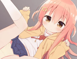 Rule 34 | 1girl, ayanepuna, blue skirt, blush, bow, brown eyes, brown jacket, clothes lift, commentary request, drawstring, feet out of frame, grey background, hair between eyes, hair ornament, hairclip, hood, hood down, hooded jacket, ii (ayanepuna), jacket, kneehighs, long hair, long sleeves, looking at viewer, lying, on back, open clothes, open jacket, original, panties, pink hair, pleated skirt, red bow, sailor collar, shirt, skirt, skirt lift, sleeves past wrists, socks, solo, two side up, underwear, very long hair, white sailor collar, white shirt, white socks, yellow panties