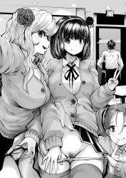 Rule 34 | 1boy, 3girls, breasts, classroom, clothes lift, exhibitionism, flashing, flower, hair bobbles, hair flower, hair ornament, happy, large breasts, long hair, looking at viewer, monochrome, multiple girls, original, panties, panty pull, pubic hair, public indecency, school, school uniform, selfie, short hair, skirt, skirt lift, smile, souryu, teacher, teacher and student, thighhighs, twintails, uncensored, underwear