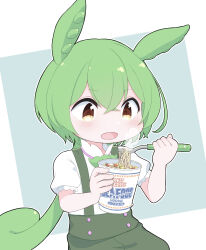 Rule 34 | absurdres, animal ears, blue background, collared shirt, commentary request, eating, food, fork, green brooch, green hair, green shorts, highres, holding, holding food, holding fork, light blush, long hair, looking at food, low ponytail, nissin cup noodle, open mouth, outline, pea pod, puffy short sleeves, puffy shorts, puffy sleeves, shirt, short sleeves, shorts, simple background, steaming food, suspender shorts, suspenders, tokimotoinui, upper body, voicevox, white background, white outline, yellow eyes, zundamon