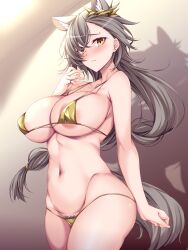 Rule 34 | 1girl, animal ear fluff, animal ears, areola slip, arknights, bikini, blush, breasts, closed mouth, collarbone, commentary request, commission, cowboy shot, earrings, embarrassed, female pubic hair, floating hair, grey hair, grey tail, groin, groin tendon, hair behind ear, hair between eyes, hand up, indoors, jewelry, large breasts, long hair, looking at viewer, micro bikini, mole, mole above eye, navel, nose blush, paid reward available, penance (arknights), pubic hair, skeb commission, solo, standing, stomach, suterii, swimsuit, tail, yellow bikini, yellow eyes