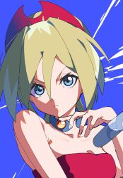 Rule 34 | 1girl, blonde hair, blue background, blue eyes, bracelet, closed mouth, collarbone, commentary request, creatures (company), eyelashes, game freak, hair between eyes, hairband, hand up, highres, irida (pokemon), jewelry, kanimaru, looking at viewer, neck ring, nintendo, pokemon, pokemon legends: arceus, shirt, solo, strapless, strapless shirt