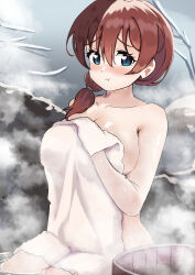 Rule 34 | 1girl, :t, absurdres, blue eyes, blush, breasts, brown hair, bucket, cleavage, closed mouth, collarbone, commentary, covering privates, cowboy shot, day, emma verde, freckles, hair between eyes, hair over shoulder, hand up, highres, large breasts, long hair, looking at viewer, love live!, love live! nijigasaki high school idol club, low ponytail, nose blush, nude, nude cover, onsen, outdoors, pisagi, pout, raised eyebrows, rock, side ponytail, sitting, snow, soaking feet, solo, steam, towel, water, wet, wooden bucket