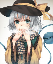 Rule 34 | 1girl, blue eyes, bow, breath, hat, hat bow, hat ribbon, heart, heart of string, highres, komeiji koishi, looking at viewer, plaid, plaid scarf, ribbon, rinarisa, scarf, silver hair, solo, third eye, touhou, wide sleeves