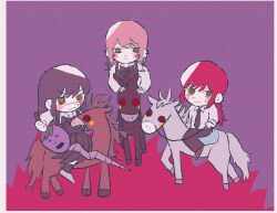 Rule 34 | 1boy, 3girls, 3others, @ @, animal, black hair, chainsaw man, fami (chainsaw man), highres, holding, holding weapon, horse, horseback riding, long hair, makima (chainsaw man), multicolored background, multiple girls, multiple others, pink hair, red hair, riding, scar, scar on face, sharp teeth, siblings, sisters, tanaka (chainsaw man), teeth, toon (style), weapon, yellow eyes, yoru (chainsaw man), zumaru