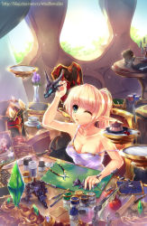 Rule 34 | 1girl, blonde hair, blood elf (warcraft), bomb, breasts, camisole, cleavage, collarbone, dagger, elf, explosive, flower, food, green eyes, helmet, highres, knife, medium breasts, model, model building, one eye closed, paint, pointy ears, ponytail, pudding, scroll, shield, solo, strap slip, warcraft, weapon, windforcelan, wink, world of warcraft