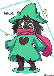 Rule 34 | 1boy, ;), absurdres, blush, character name, commentary request, deltarune, fake horns, full body, glasses, green-framed eyewear, green hat, green robe, hat, highres, horned hat, horns, long sleeves, looking at viewer, male focus, one eye closed, ralsei, red scarf, robe, round eyewear, scarf, sleeves past wrists, smile, solo, sparkle, standing, twitter username, white background, witch hat, yuya090602