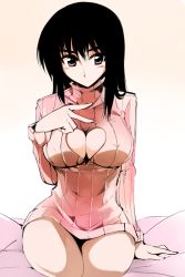Rule 34 | 1girl, black hair, blush, bottomless, breasts, cleavage, cleavage cutout, clothing cutout, cosaten, covered erect nipples, curvy, heart, heart cutout, hip focus, large breasts, long hair, looking at viewer, ribbed sweater, school rumble, seiza, simple background, sitting, smile, solo, straight hair, suou mikoto (school rumble), sweater, turtleneck, v, white background
