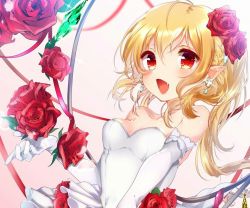 Rule 34 | 1girl, alternate costume, bad id, bad twitter id, bare shoulders, blonde hair, breasts, dress, earrings, elbow gloves, fang, flandre scarlet, flower, gloves, hair flower, hair ornament, jewelry, long hair, looking at viewer, medium breasts, open mouth, pink background, pointy ears, red eyes, red flower, red rose, rose, shanghai bisu, side ponytail, smile, solo, sparkle, touhou, upper body, wedding dress, white gloves, wings